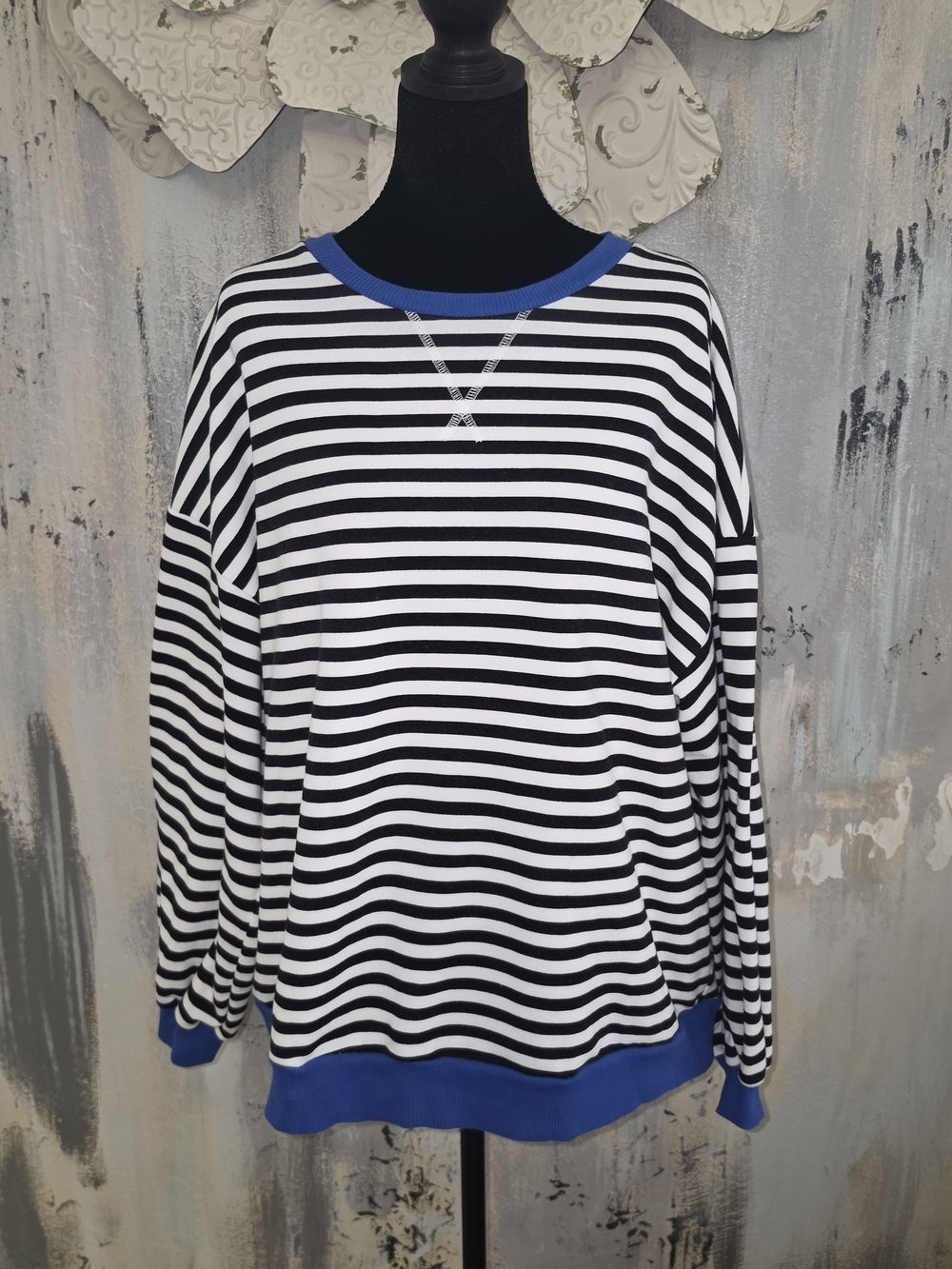 UE Black & White Striped Crewneck Sweatshirt with Blue Trim